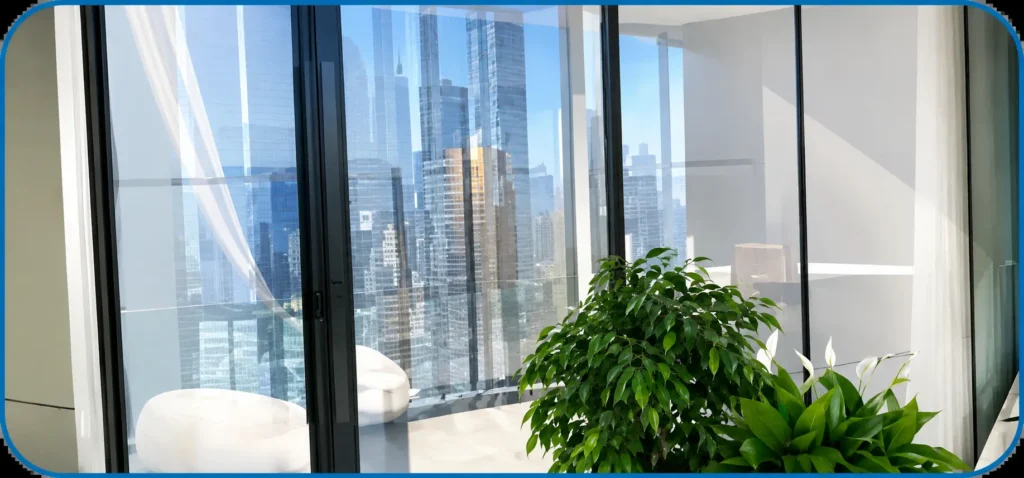 Modern open space office featuring privacy glass windows that provide natural light, instant privacy, and panoramic city views in Dubai.
