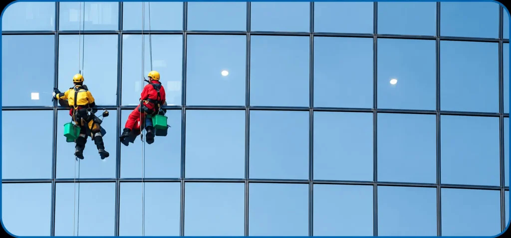 Technicians installing privacy glass windows on a commercial glass building using smart glass technology in Dubai.