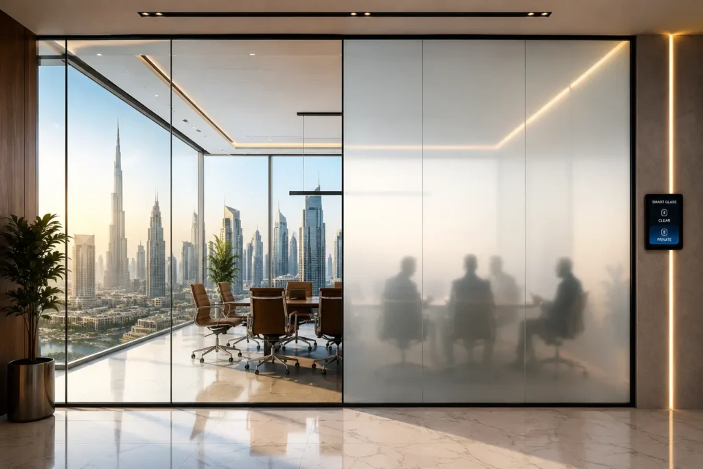 Modern UAE office featuring smart glass that switches from transparent to frosted, providing instant privacy for meeting rooms while maintaining natural daylight.