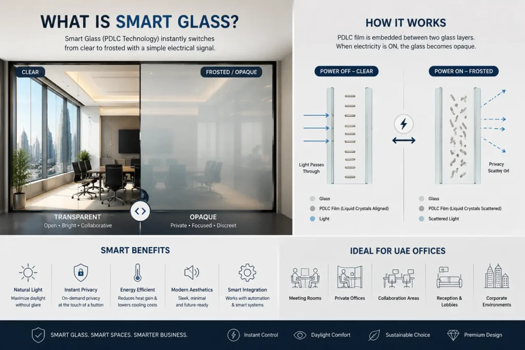 Infographic explaining how PDLC smart glass switches between transparent and frosted states to provide instant privacy, natural daylight and flexible office spaces.