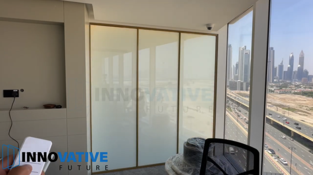 Switchable smart glass installed in a commercial space for modern point-of-sale displays.
