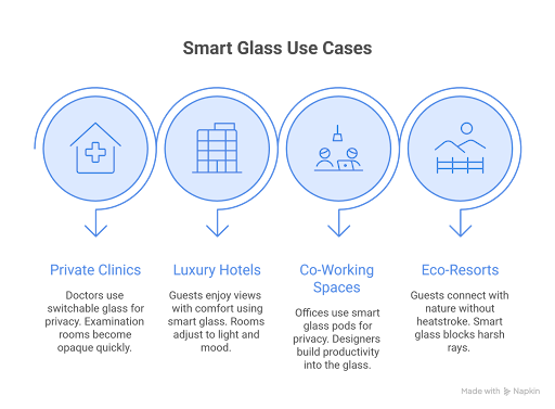 Infographic showing smart glass applications in private clinics, luxury hotels, coworking spaces and eco-resorts across the UAE.