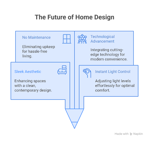 Infographic showing how smart glass improves future home design with instant light control, low maintenance, modern aesthetics and advanced technology.